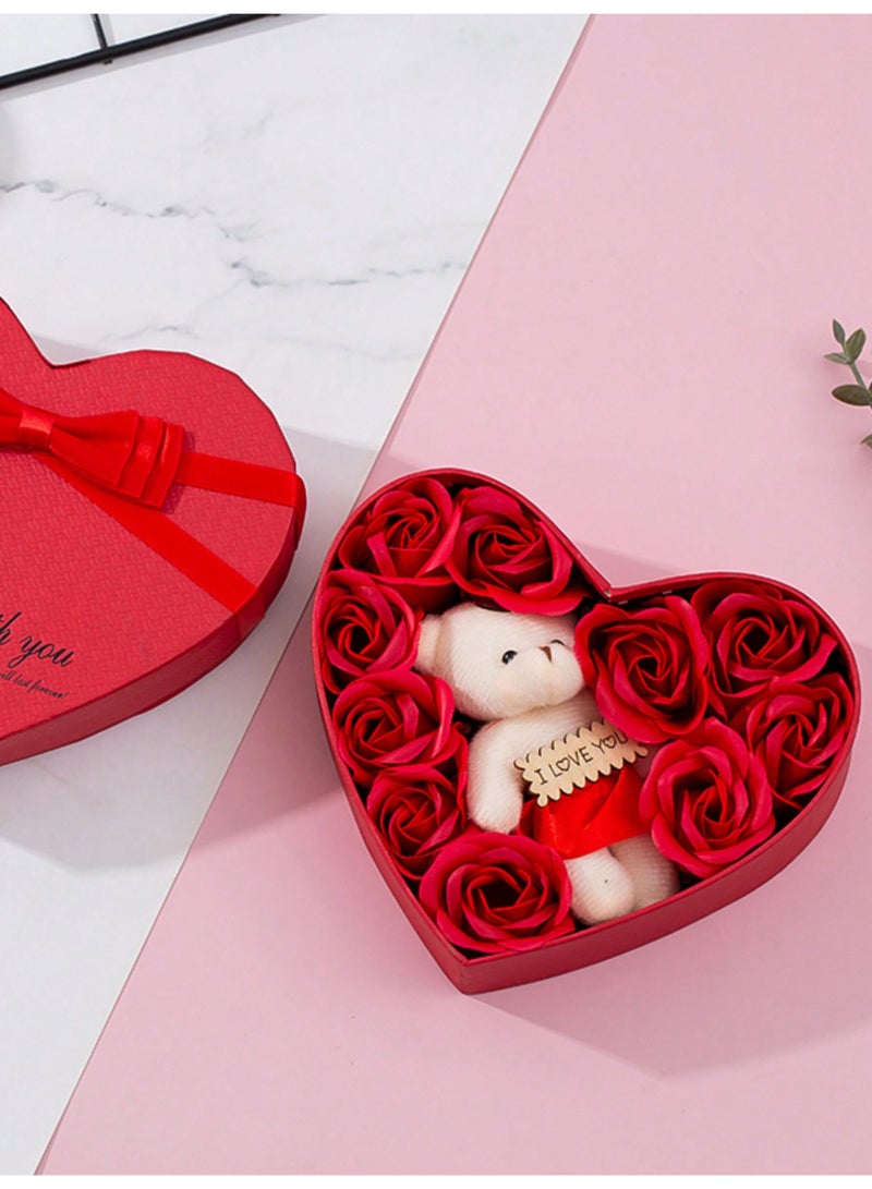 Valentine's Day decoration: A red heart-shaped gift box with a teddy bear and red roses – a lovely Valentine's Day gift. - Image 3